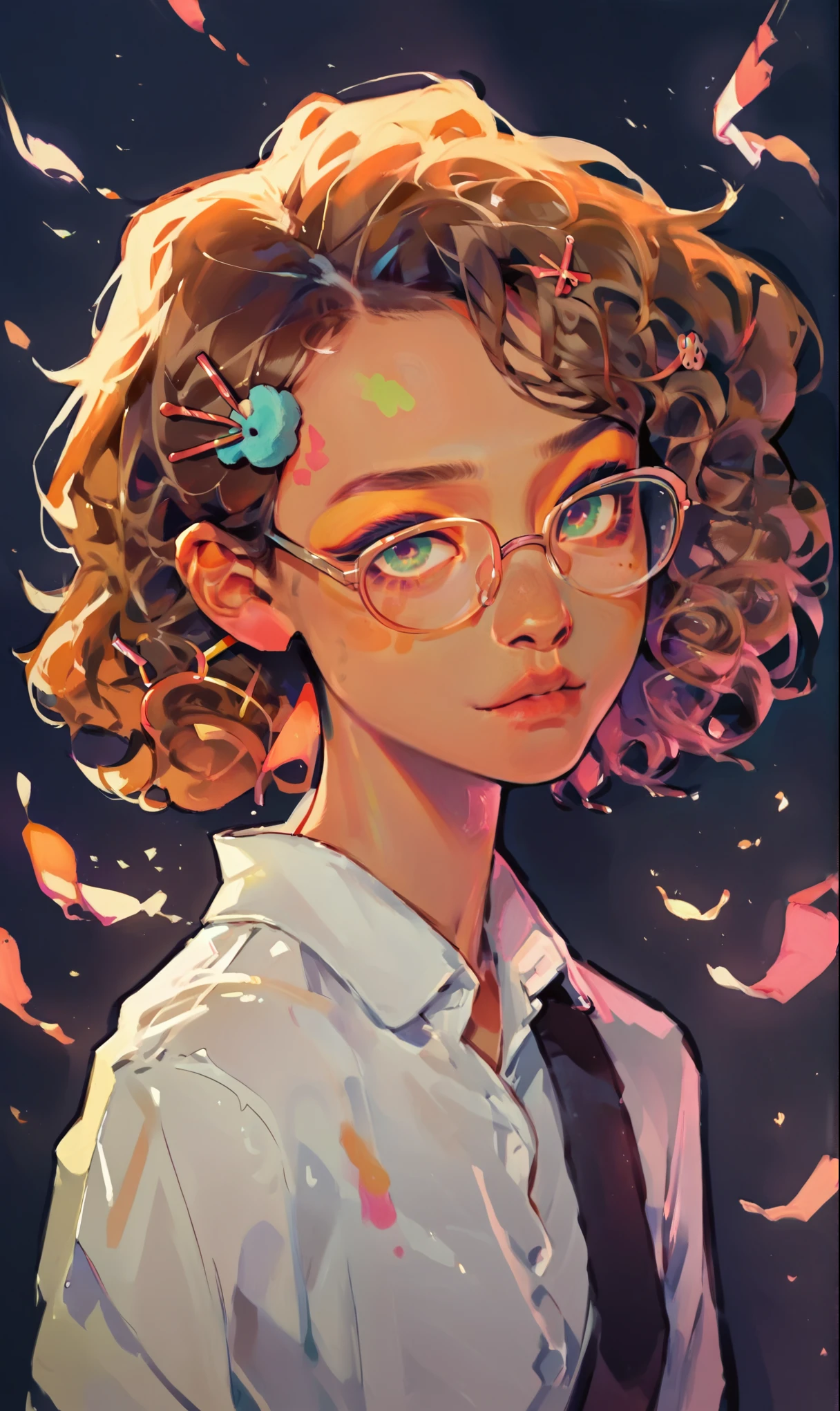 (score_9, score_8_up), score_7_up, score_6_up, score_5_up, score_4_up, 1girl, rim lights, brown skin, curly hair, short hair, hair pin, dark background, vibrant, high contrast, painterly, traditional oil paint, white shirt with panda face design on it, black shorts, glasses,
