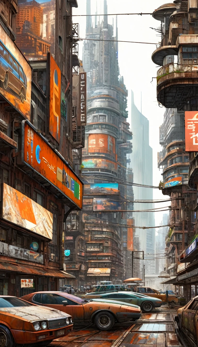 cidade futurista.1.5, cidade de metal enferrujado, muitos detalhes, carros, edifícios, outdoors, (Arte inspirada em Dave Mckean, detalhes intrincados, pintura a óleo)
