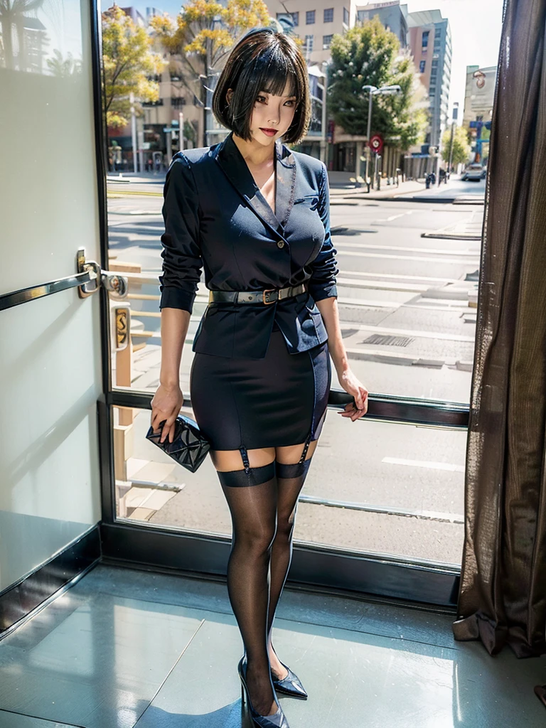 OL、Beautiful girl、Outstanding style、nice buddy、glamorous、Big Breasts、navy blue business suit、Skirt、Garter belt and black 30 denier stockings、High heels、office、standing、The whole body is visible, (mature woman), 45 years old, (black bob cut)