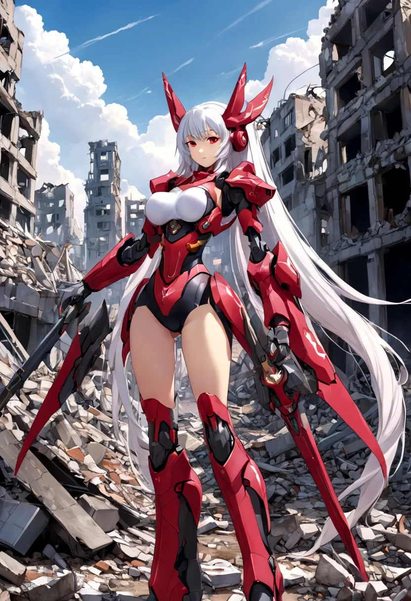 a striking mecha-style magical girl with long, white hair styled elegantly in twin tails, framing her striking red eyes. she sta...