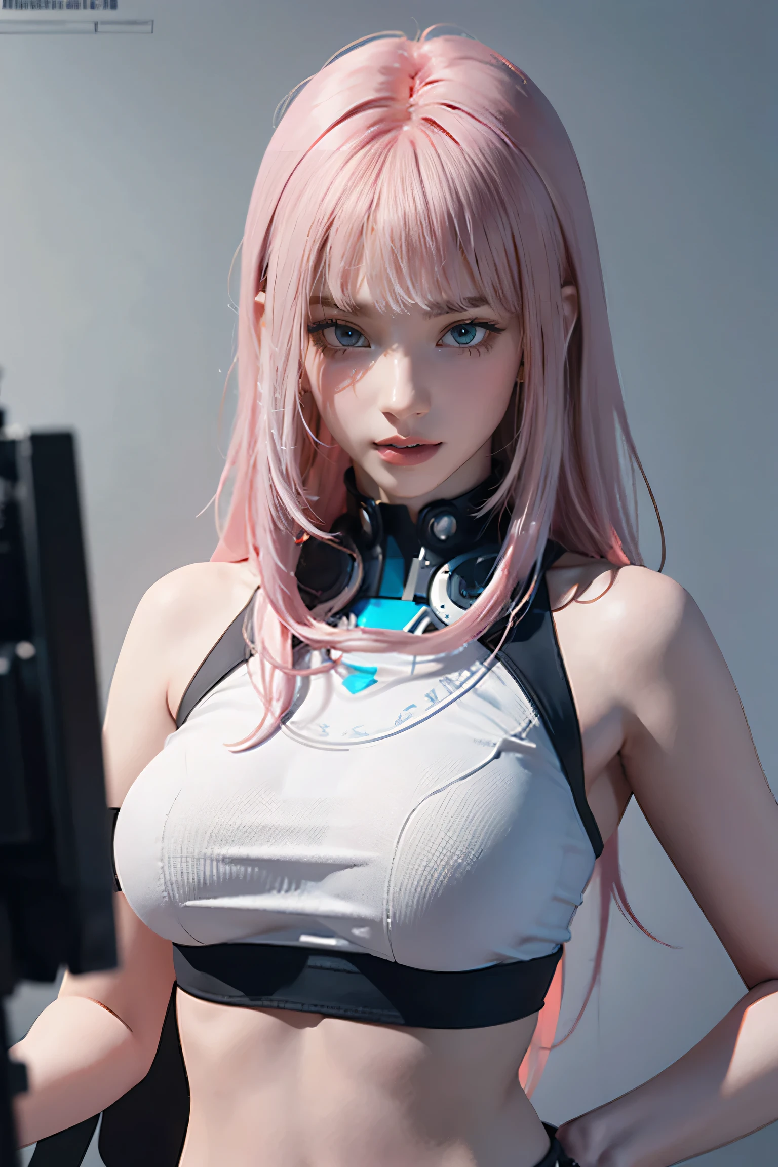 Highest quality, Ultra-high resolution, Realistic, NSFW, Cyberpunk one girl sexy pink hair、Taking photos in a studio environment with a gray background, View your viewers, Upper Body, thin, Visible cracks, Crop top,