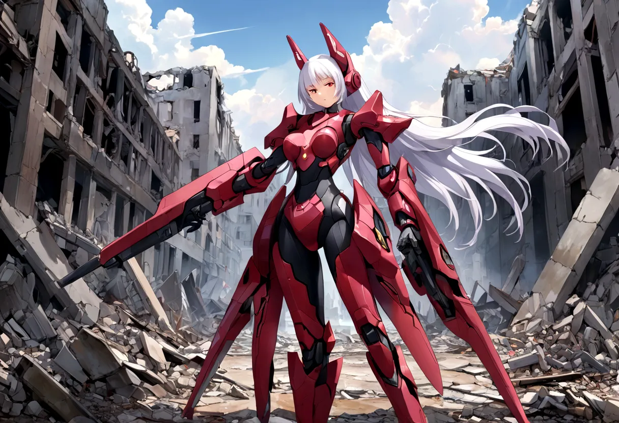 A striking mecha-style magical girl with long, white hair styled elegantly in twin tails, framing her striking red eyes. She sta...