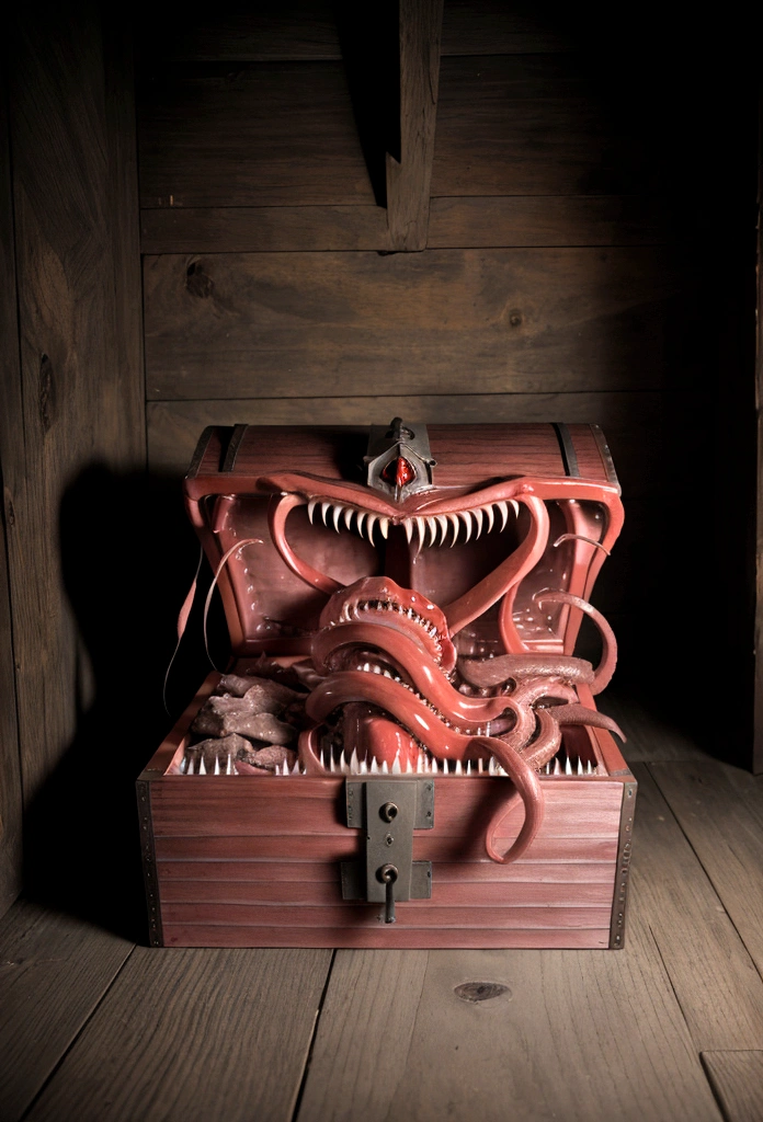 RAW photo, mimico, wooden chest, fleshy interior, long tongue, meat, saliva, TentacleHorrorAI, (sprawling tentacles), sharp teeth, dungeon background, 8k uhd, dslr, cinematic lighting, high quality, photo realistic,
