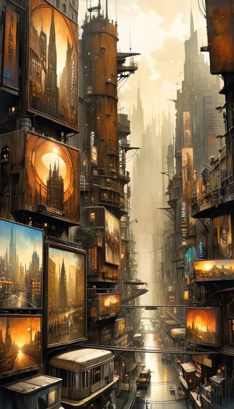 futuristic city.1.5, rusty metal city, lots of details, buildings, billboards, (dave mckean inspired art, intricate details, oil...