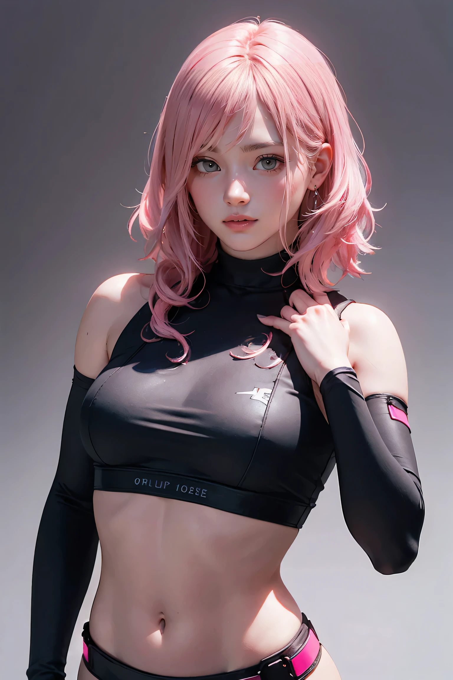 höchste Qualität, ultrahohe Auflösung, realistisch, Nicht für die Arbeit geeignet, Cyberpunk one girl sexy pink hair、Aufnehmen von Fotos in einer Studioumgebung mit grauem Hintergrund, Betrachten Sie Ihre Zuschauer, Oberkörper, dünn, Sichtbare Risse, bauchfreies Top,