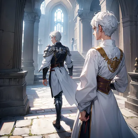 back view of a white hair armored prince in the castle