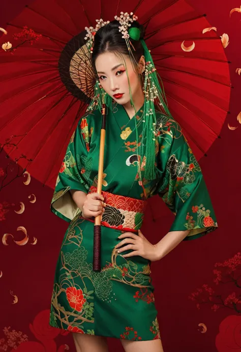 woman in green dress holding a red umbrella, japanese style, exquisite geisha kimono, chinese clothing,chinese礼服, inspired by th...