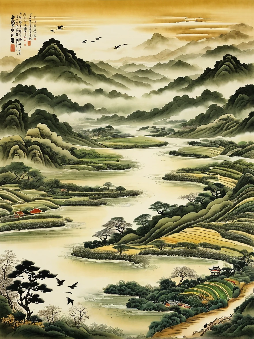 Very detailed，Chinese ink painting style，There are vegetables on the land，There are several lands。Distant River、grassland，Mountains in the distance，Birds circling in the sky