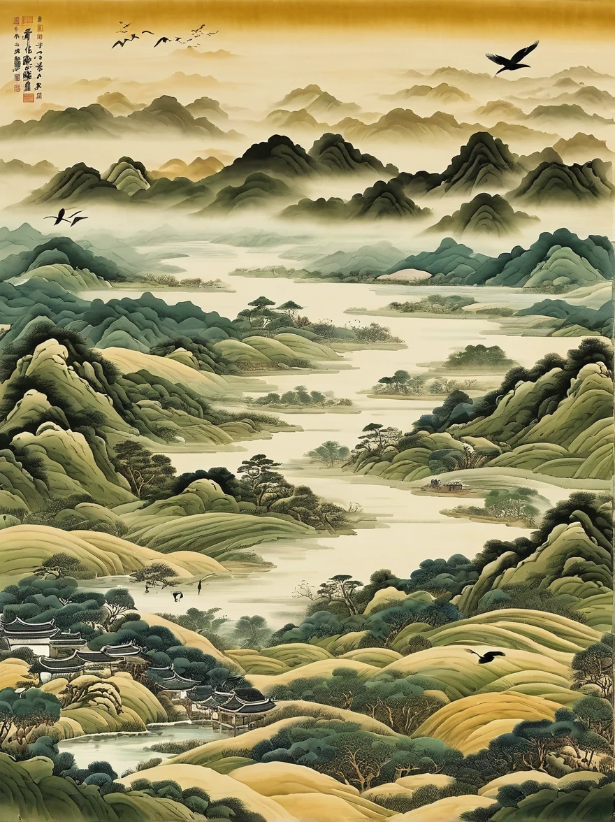 Very detailed，Chinese ink painting style，There are vegetables on the land，There are several lands。Distant River、grassland，Mountains in the distance，Birds circling in the sky