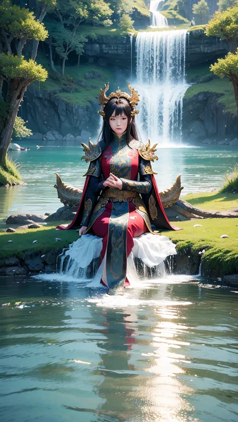 a girl touch the dragon head at the lake、the dragon kneel infront of her. super hyper-realistic 8k photo, fantasy art design