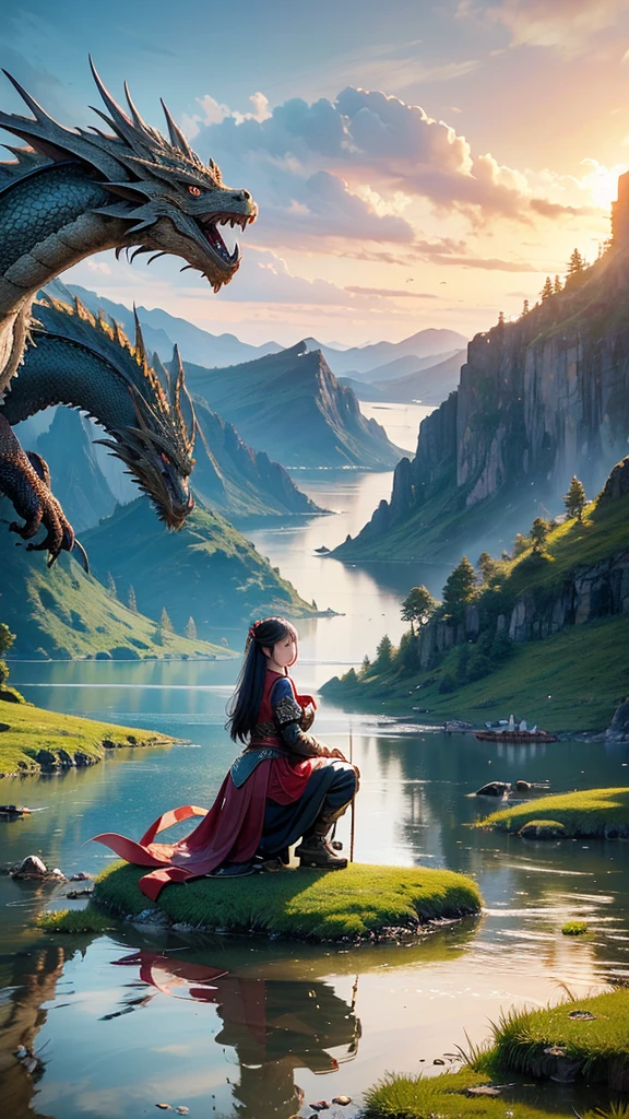 Ein Mädchen berührt den Drachenkopf am See、der Drache kniet vor ihr. Super hyperrealistisches 8k-Foto, Fantasie-Kunst-Design