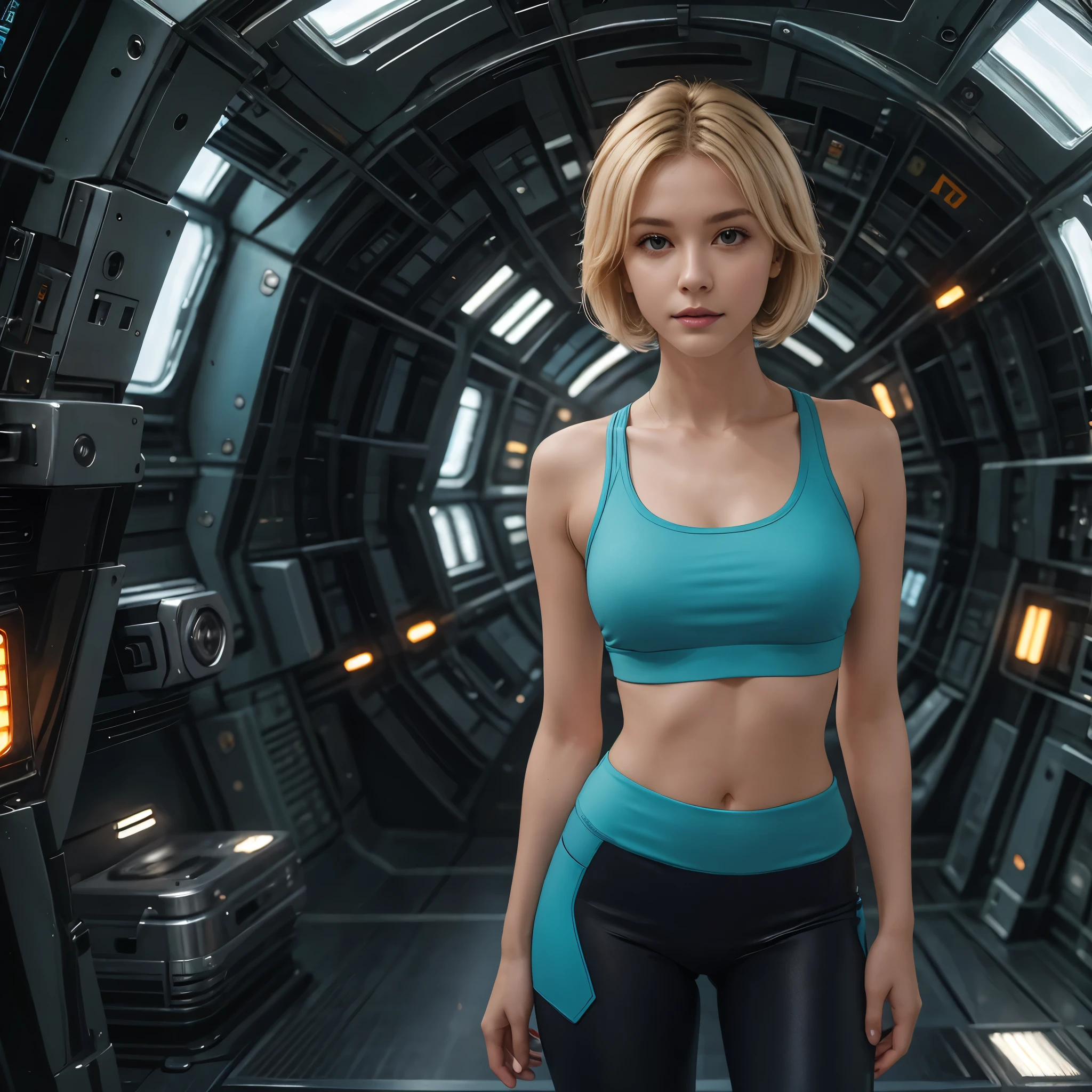 masterpiece, best quality, high quality, extremely detailed 32k unit an enchanting front view, A pretty 40 year old Blonde haired woman, she is standing out side of a Futuristic space station at night, she is wearing teal leggings and a grey crop top, her hair is Choppy Bob hair style, she looks beautiful in the glow of the amber lights, (best quality ,photorealistic)
