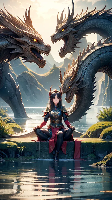 a girl touch the dragon head at the lake、the dragon kneel infront of her. super hyper-realistic 8k photo, fantasy art design