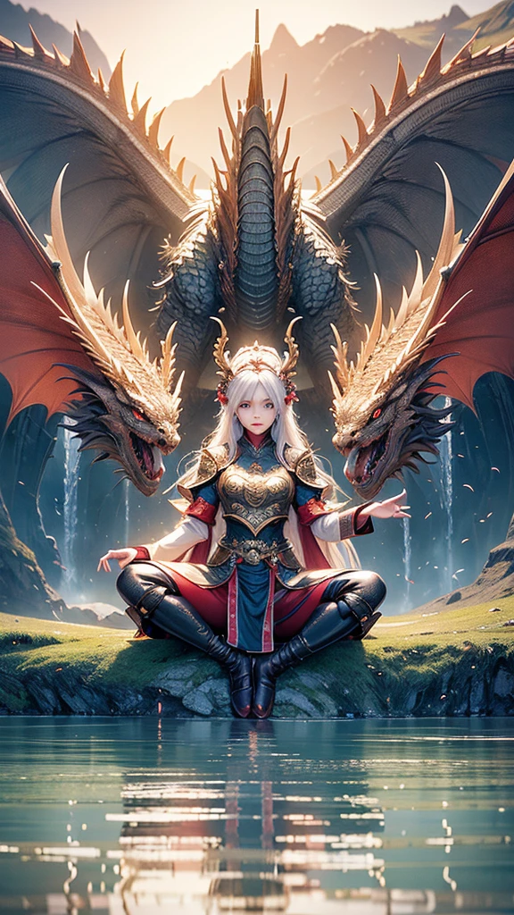 A girl touch the dragon head at the lake、the dragon kneel infront of her. Super hyper-realistic 8k photo, fantasy art design