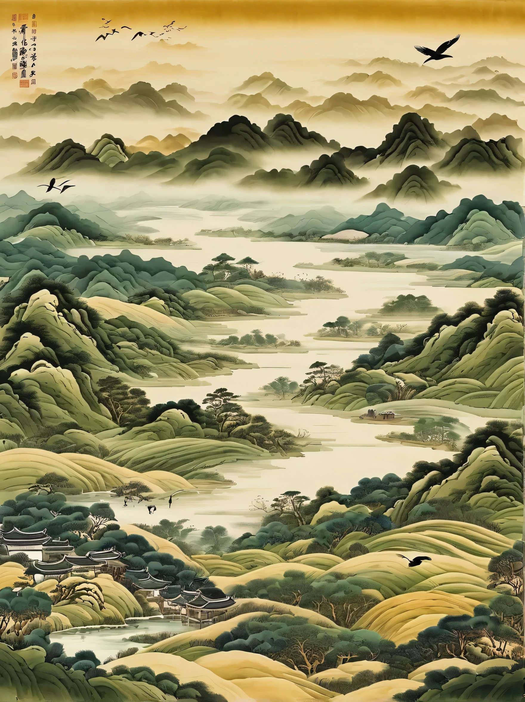 Very detailed，Chinese ink painting style，There are vegetables on the land，There are several pieces of land。Distant River、grassland，Mountains in the distance，Birds circling in the sky