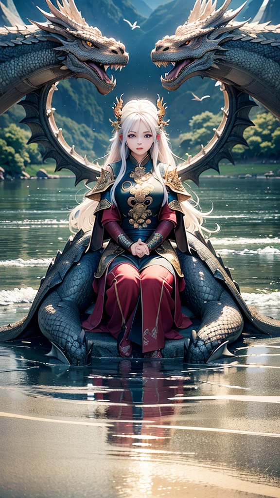 A girl touch the dragon head at the lake、the dragon kneel infront of her. Super hyper-realistic 8k photo, close-up photo