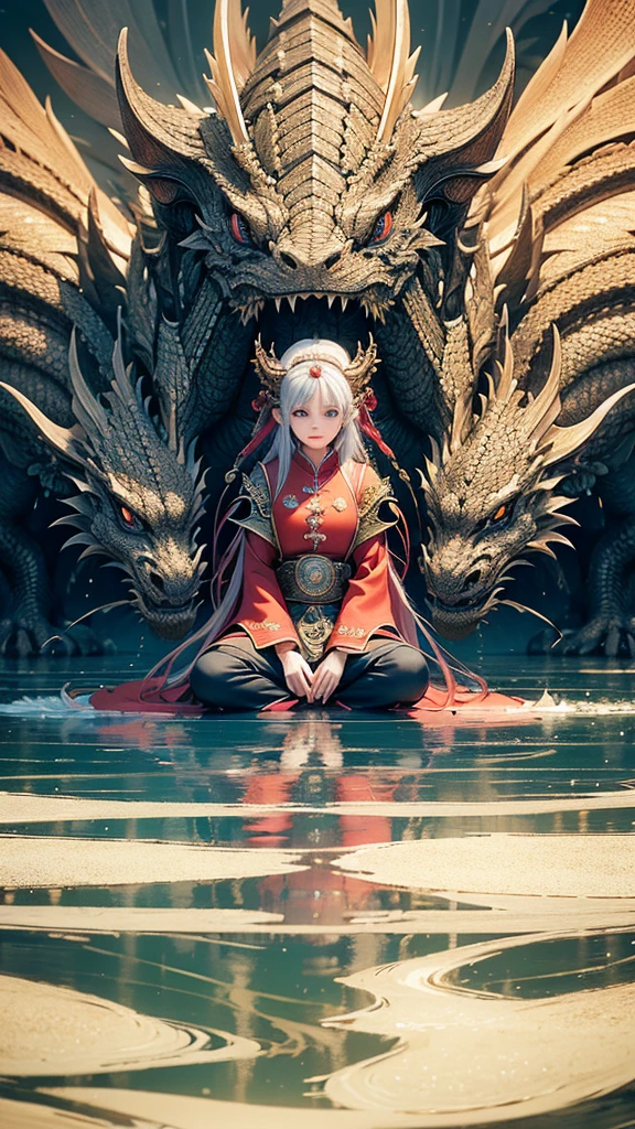 A girl touch the dragon head at the lake、the dragon kneel infront of her. Super hyper-realistic 8k photo, close-up photo