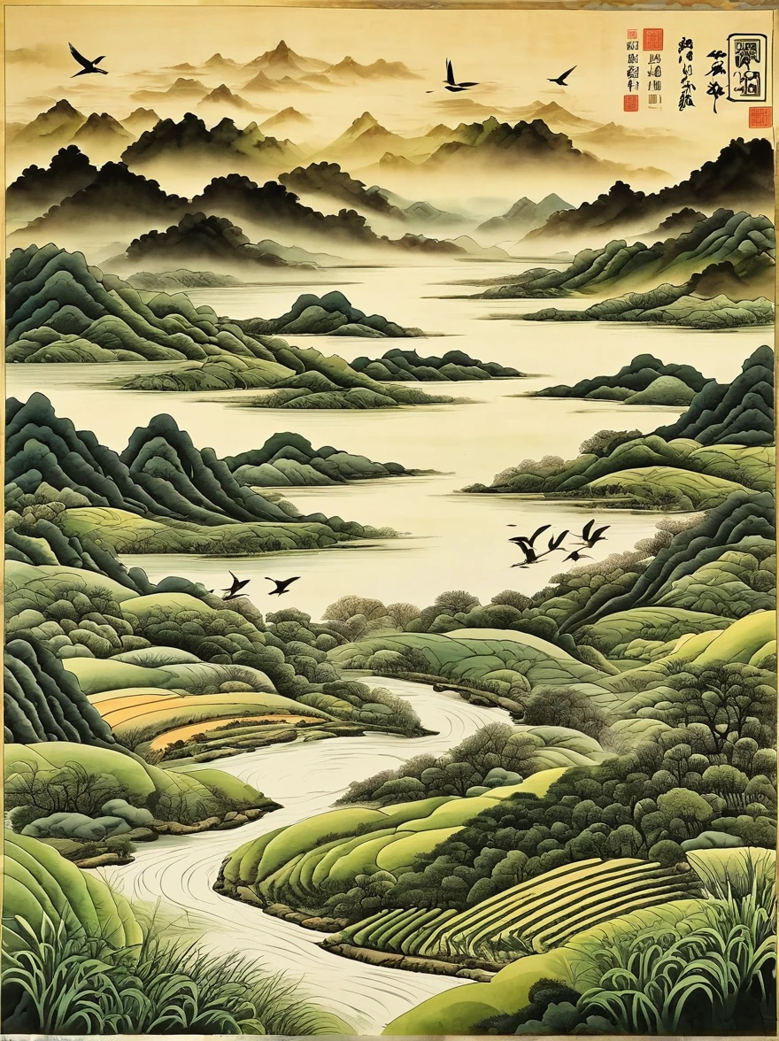 Very detailed，Chinese ink painting style，There are vegetables on the land，There are several pieces of land。Distant River、grassland，Mountains in the distance，Birds circling in the sky