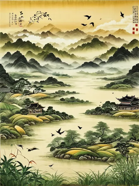 Very detailed，Chinese ink painting style，There are vegetables on the land，There are several pieces of land。Distant River、grassla...