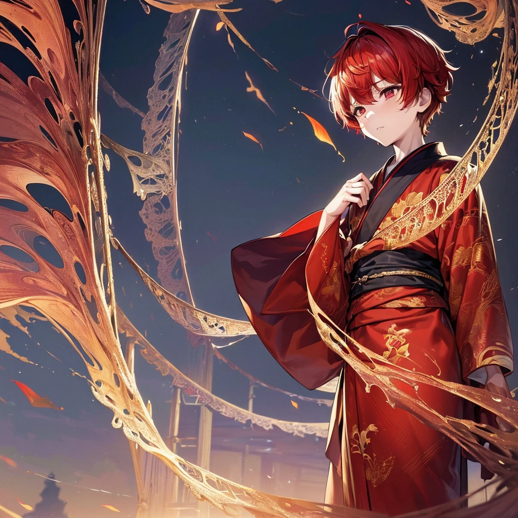 (masterpiece, top quality, best quality, official art, aesthetic:1.2), (1boy:1.3), boy, extremely detailed,(fractal art:1.2),colorful, highest detailed, wallpaper,red eyes, short comma haircut, red hair, black horns, (sad, sadness expression, sadness face), yukata outfit, holding a smartphone, (cowboy shot), in rooftop school, looking out