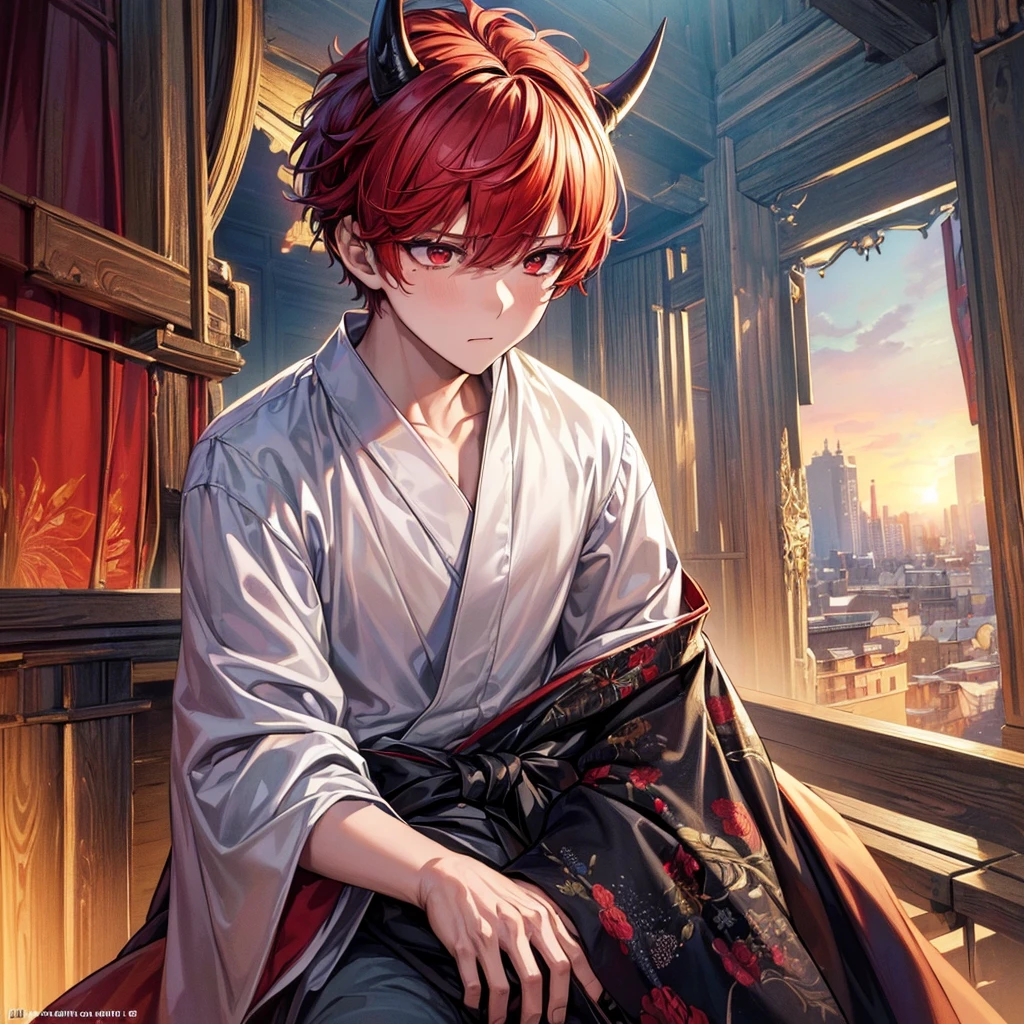 (masterpiece, top quality, best quality, official art, aesthetic:1.2), (1boy:1.3), boy, extremely detailed,(fractal art:1.2),colorful, highest detailed, wallpaper,red eyes, short comma haircut, red hair, black horns, (sad, sadness expression, sadness face), yukata outfit, holding a smartphone, (cowboy shot), in rooftop school, looking out