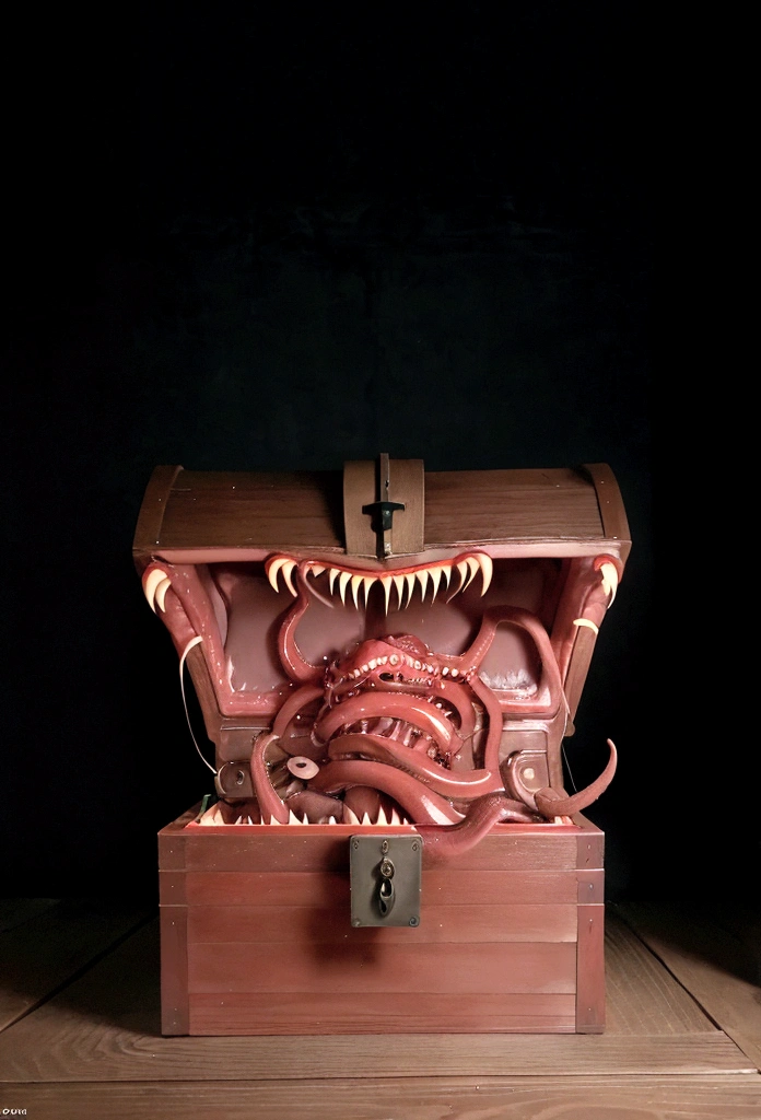 RAW photo, mimico, wooden chest, fleshy interior, long tongue, meat, saliva, TentacleHorrorAI, (sprawling tentacles), sharp teeth, dungeon background, 8k uhd, dslr, cinematic lighting, high quality, photo realistic,