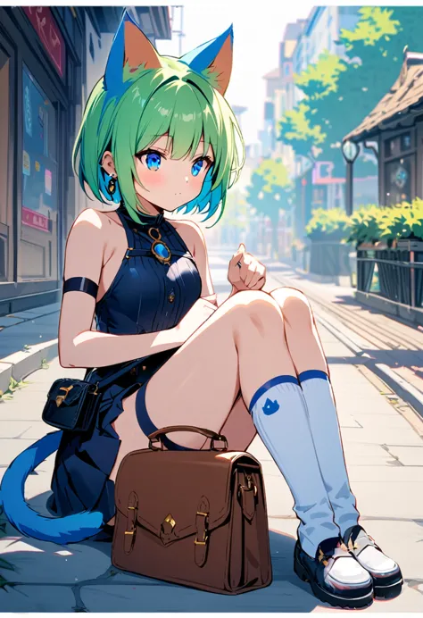 ,one girl,deltamon_beta, alone, blue eyes, knee socks, animal ears, bare shoulders, blue tail, earrings,removable sleeves, green...