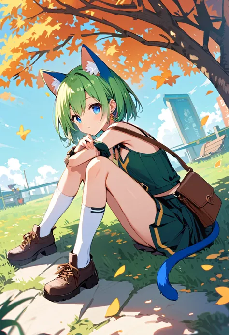 ,one girl,deltamon_beta, alone, blue eyes, knee socks, animal ears, bare shoulders, blue tail, earrings,removable sleeves, green...