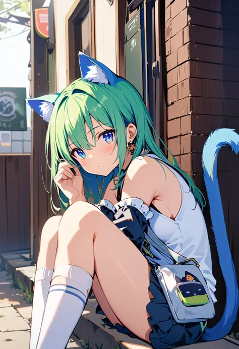 ,one girl,deltamon_beta, alone, blue eyes, knee socks, animal ears, bare shoulders, blue tail, earrings,removable sleeves, green...