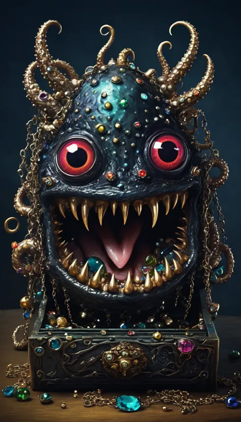 dark，fear，imitate，suspension，strange open lid box monster full of jewels - one eye - sharp teeth - ugly，long tentacles，scattered...