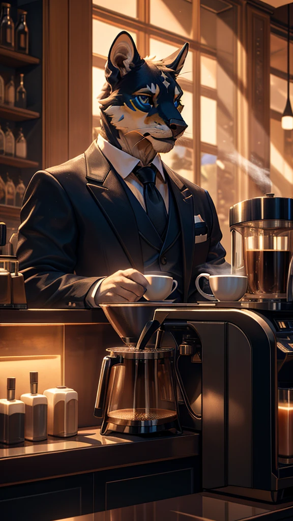 a barrister who is also a barista, elegant professional barista, beautiful detailed eyes, beautiful detailed lips, extremely detailed face, intricate cafe interior, stainless steel coffee machines, aromatic coffee beans, warm lighting, moody cinematic lighting, photorealistic, 8k, masterpiece, cinematic, hyper realistic, elegant, refined, stunning, exquisite, sophisticated, impeccable, three-piece suit