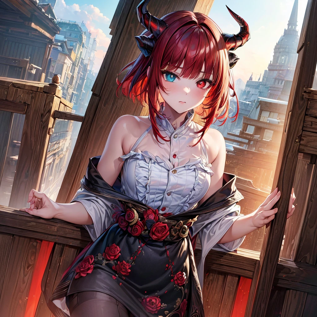 (masterpiece, top quality, best quality, official art, aesthetic:1.2), (1boy), boy, extremely detailed,(fractal art:1.2), highest detailed, wallpaper, ((heterochromia, predator pupils,red eyes)), short comma haircut, red hair, (black horns, horns towards the bangs), yukata outfit, (cowboy shot), in rooftop school, looking out