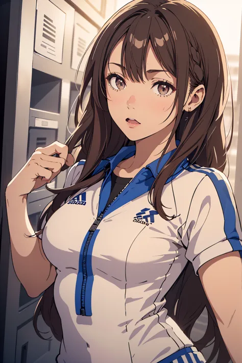 locker room,track suit,(thin type:1.5),(large breasts),(random hairstyle),(highest image quality,(8k), ultra-realistic, best qua...