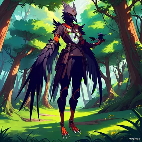 prospect(anthropomorphic crow，wearing ancient adventurer gear，the arms and hands are integrated with the bird&#39;s wings, and t...