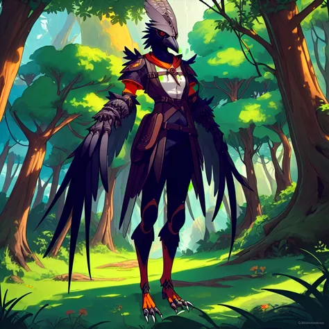 prospect(anthropomorphic crow，wearing ancient adventurer gear，the arms and hands are integrated with the bird&#39;s wings, and t...