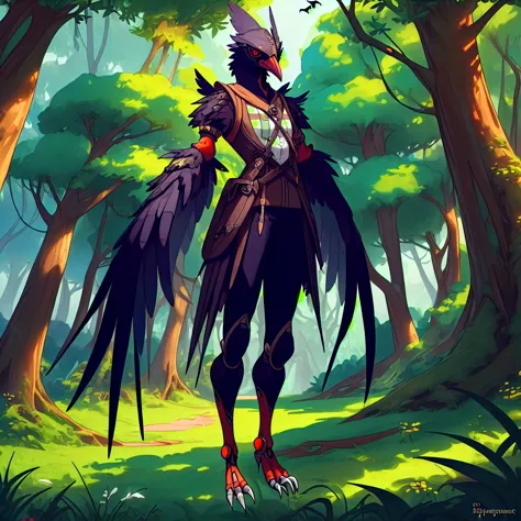 prospect(anthropomorphic crow，wearing ancient adventurer gear，the arms and hands are integrated with the bird&#39;s wings, and t...