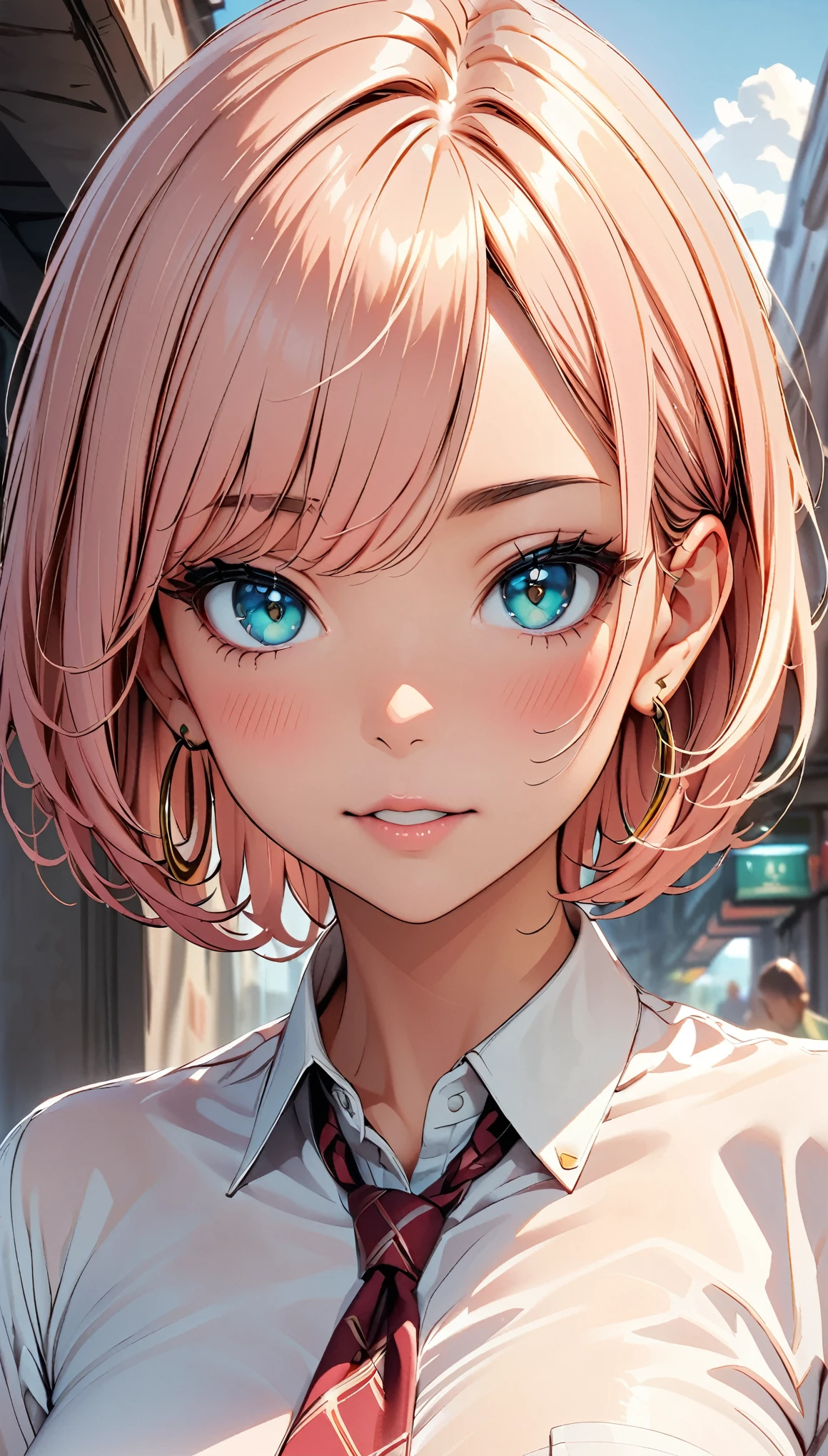 (Highest quality:1.2, High Detail, masterpiece:1.2, Best aesthetics), (1 girl), Beautiful woman, Beautiful detailed eyes, Beautiful detailed lips, Highly detailed face, Delicate depiction of hair and eyes, Detailed Fashion, ((Portraiture, Cowboy Shot, People Girls, blush)), Aqua Eye, Light red hair, pixie cut, Mouth open, Earrings, hoop Earrings, JK, White shirt, Loose red tie, Pleated skirt, View your viewers,