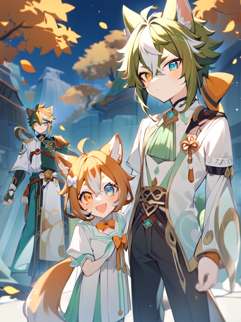 Gorou from genshin impact stands next to a fox girl who has long yellow hair braided in two tails, this girl has heterochromia, one eye is orange, the other is green, she is all in white clothes, trousers, a separate collar with an orange bow, Gorou stands next to a fox girl