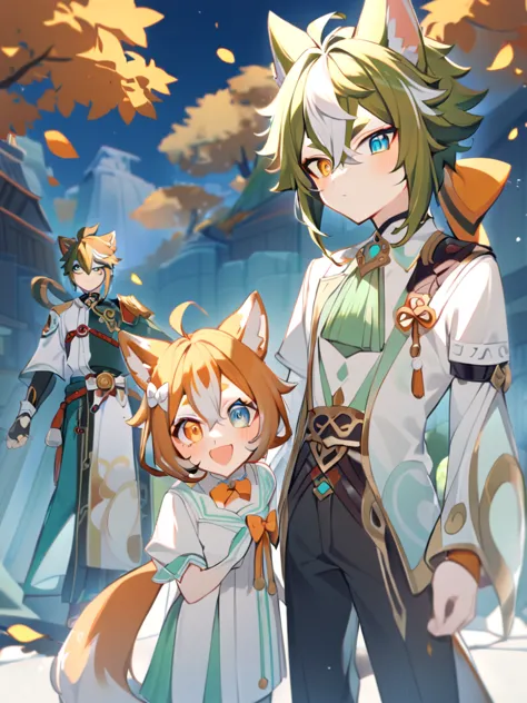 Gorou from genshin impact stands next to a fox girl who has long yellow hair braided in two tails, this girl has heterochromia, ...