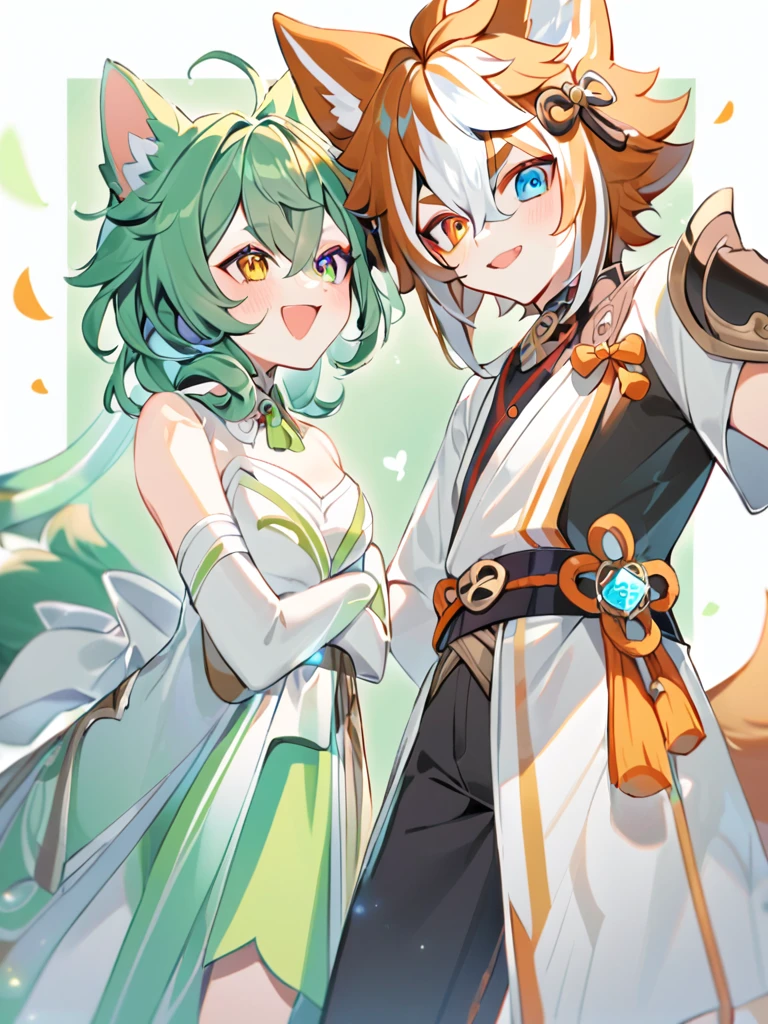 Gorou from genshin impact stands next to a fox girl who has long yellow hair braided in two tails, this girl has heterochromia, one eye is orange, the other is green, she is all in white clothes, trousers, a separate collar with an orange bow, Gorou stands next to a fox girl