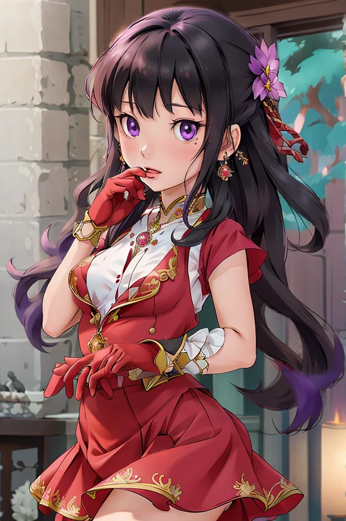 (masterpiece), (best quality), (ultra-detailed), shizuka,hot,intricate detail, detailed beautiful face and eyes,1girl, solo, purple eyes, purple hair, long dark blue hair, white earrings, red hairband, star hair ornament,fingerless gloves, gloves,pantyhose, jewelry, pleated_skirt,red skirt, short sleeves, Blunt Bangs,shizuka,hot,sea background