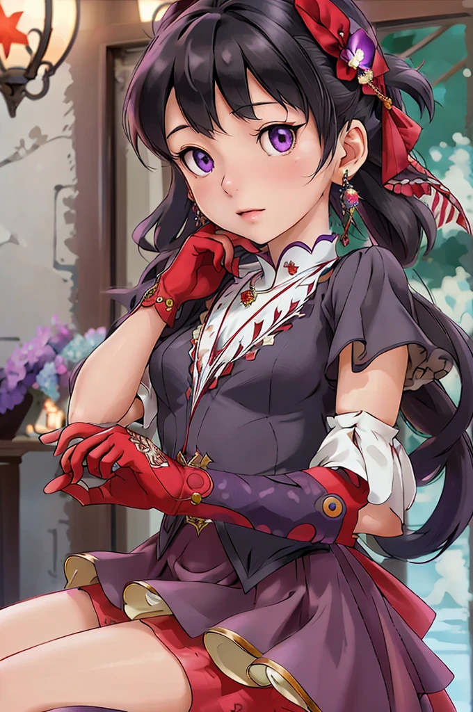 (masterpiece), (best quality), (ultra-detailed), shizuka,hot,intricate detail, detailed beautiful face and eyes,1girl, solo, purple eyes, purple hair, long dark blue hair, white earrings, red hairband, star hair ornament,fingerless gloves, gloves,pantyhose, jewelry, pleated_skirt,red skirt, short sleeves, Blunt Bangs,shizuka,hot,sea background