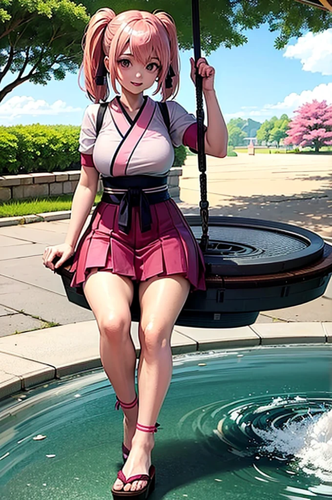 Anime girl with pink hair and pigtails in a Japanese  on a swing. Sunny day, near a park and a fountain.