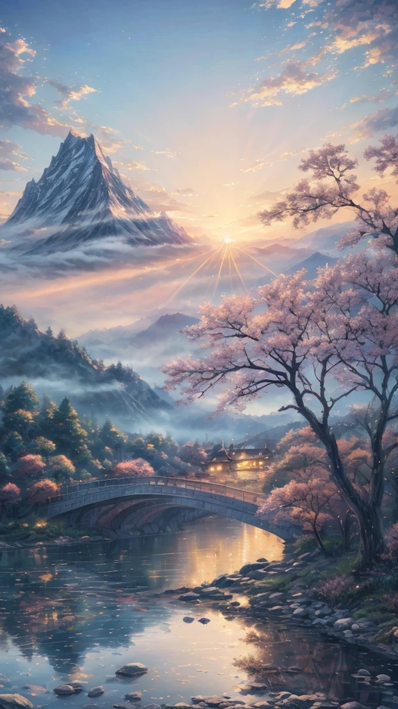 There is a bridge across the river in the painting，A mountain in the background, Beautiful art UHD 4K, Landscape Artwork, Anime Art Wallpaper 4K, Anime Art Wallpaper 4K, Detailed 4k, 8k high quality detailed art, anime art wallpaper 8 k, 4K detail art, Anime Landscape Wallpaper, 4k highly detailed digital art, Anime beautiful peaceful scene