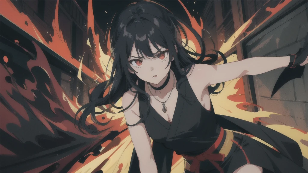 colorful flat illustration classical animes, Fierce anime girl with long black hair, glowing red and glowing red eyes wearing a all black sleeveless mini dress and necklace, engaged in an intense battle against a small black demons. She releases a burst of energy, pushing the demon away from the . within the devastated interior of a modern shopping mall store at night. The dynamic, action-filled scene is rendered in a colorful, flat illustration style inspired by Japanese artists, featuring blood and bold black outlines., draw art style influenced by japanese artists, niji, black outlines ultra-detailed, 8k, , dramatic lighting, cinematic, highly detailed face, elegant, intricate details, vibrant colors, dramatic shadows, hyper-realistic, masterpiece,