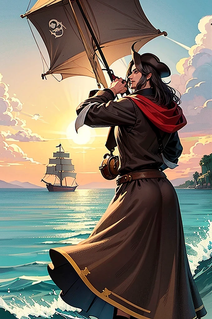 Illustration for the book Treasure Island. So that the pirates are visible, a caravel, an island against the backdrop of the sea.