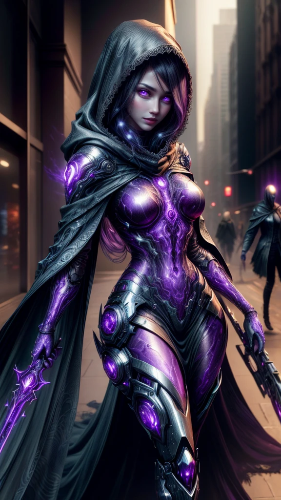 a dark fantasy cyberpunk android woman, 1 girl, highly detailed, hyper realistic, masterpiece, 8k, photorealistic, beautiful detailed eyes, beautiful detailed lips, extremely detailed face, long eyelashes, long white hair, shawl, black coat, glowing purple eyes, expressionless, mecha long skirt, holding a weapon, beautiful necromancer, dark cloaked necromancer, beautiful death, dark witch character, (black purple:1.1), studio lighting, professional, vivid colors, physically-based rendering, extreme detail description