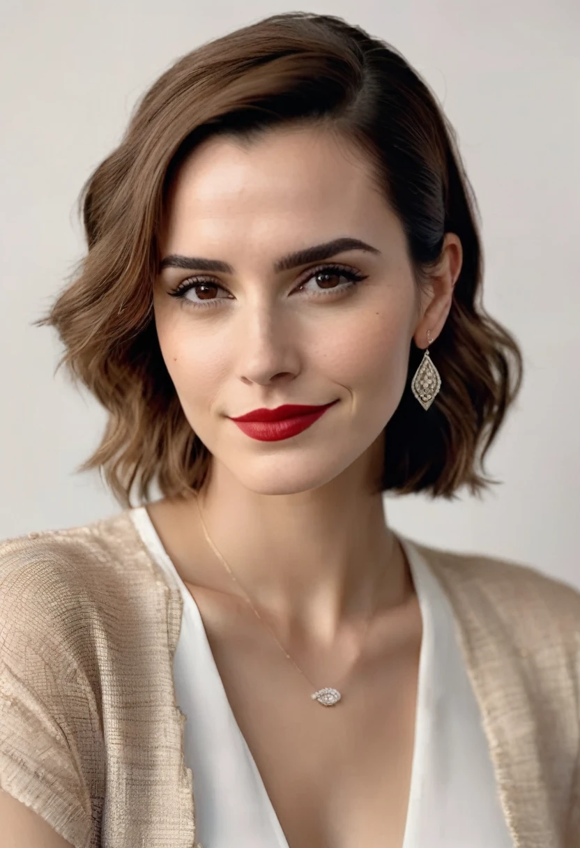 Realistic photo of a beautiful emxwtsn woman,   1girl, solo, looking at viewer, smile, short hair, simple background, brown hair, white background, brown eyes, jewelry, earrings, makeup, lipstick, portrait, realistic, red lips, soft lighting, professional Photography, Photorealistic, detailed, RAW, analog, sharp focus, 8k, HD, DSLR, high quality, Fujifilm XT3, film grain, award winning, masterpiece