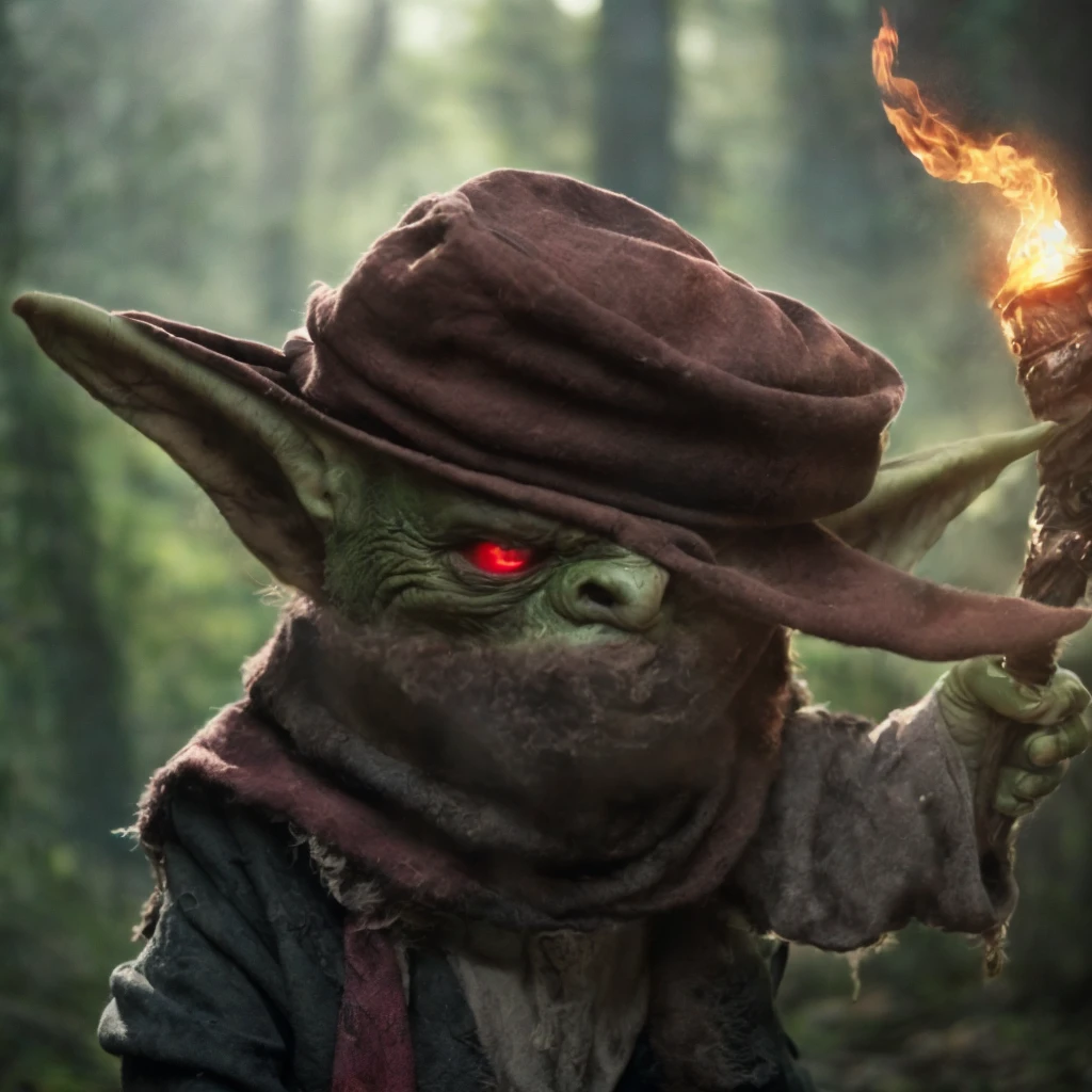 (masterpiece)+, (extremely (realistic)+,a portrait of an extremely ugly green skined goblin male bard , red eyes, green skin, dirty, Holding a torch in one hand and ventriloquist dummy in other, Wearing scarf over the face, wearing ragged and dirty hat and rags, Agitated stare. Looking in camera. volumetrics dtx, Photorealistic, ultra detailed, Artstation trending, very very detailed, realistic shaded lighting, dynamic shadows, detailed Forest background, upper body, professional photograph of a detailed skin, sharp focus, dramatic, award winning, cinematic lighting, octane render, unreal engine, volumetrics dtx, Photorealistic, ultra detailed, Artstation trending, very very detailed, hyperrealistic, fine details, realistic shaded lighting, dynamic shadows, Forest background, add_detail:1, skin pores and wrinkles, details.,More Reasonable Details