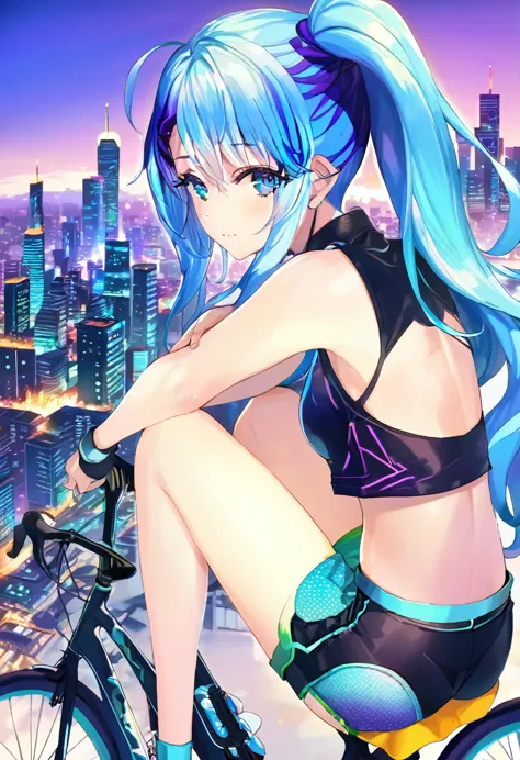 a girl sitting on top of bicycle, dolphin shorts, blue hair, ponytail, A futuristic cityscape
